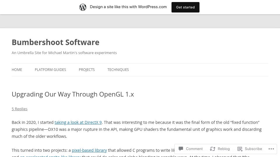 Screenshot of bumbershootsoft.wordpress.com: Upgrading Our Way Through OpenGL 1.x