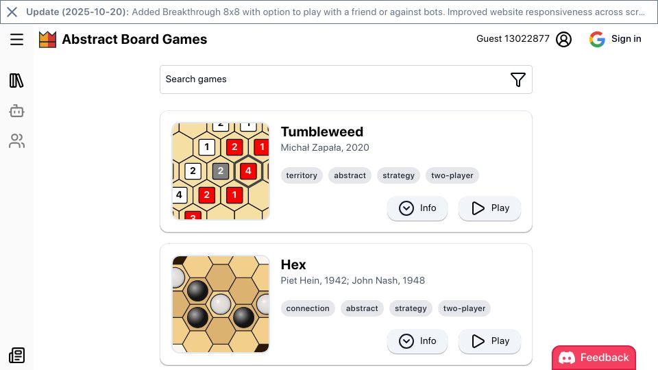 Screenshot of abstractboardgames.com: Show HN: Play abstract strategy board games online with friends or against bots