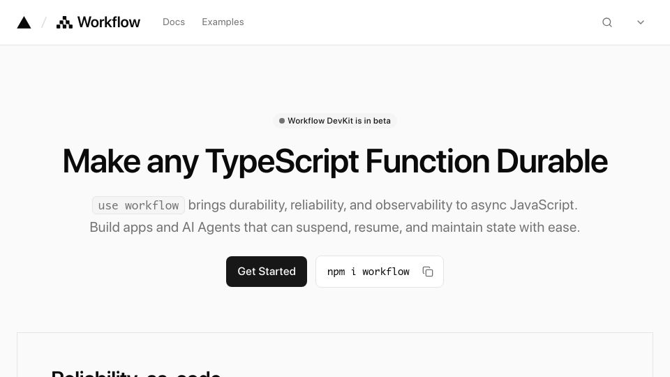 Screenshot of useworkflow.dev: Make Any TypeScript Function Durable