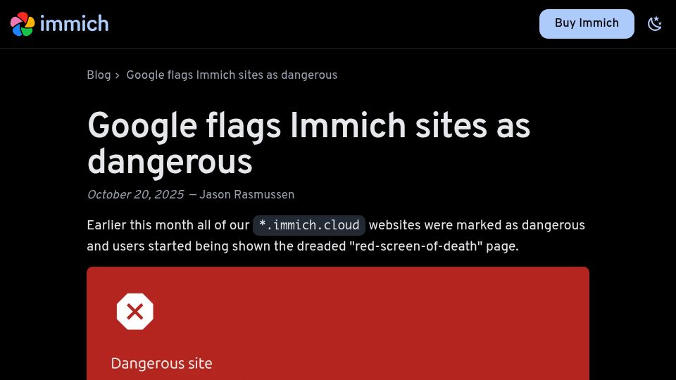 Screenshot of immich.app: Google flags Immich sites as dangerous