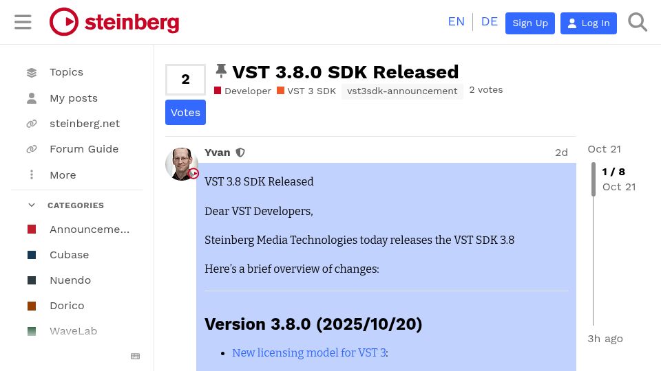 Screenshot of forums.steinberg.net: VST3 audio plugin format is now MIT