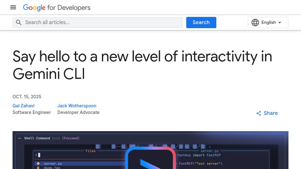 Screenshot of developers.googleblog.com: Run interactive commands in Gemini CLI
