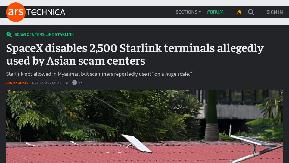 Screenshot of arstechnica.com: SpaceX disables 2,500 Starlink terminals allegedly used by Asian scam centers