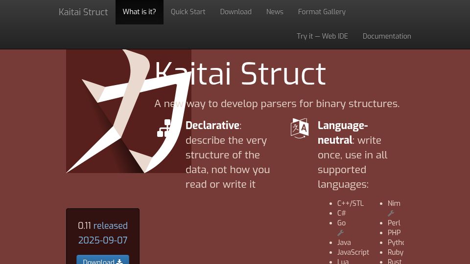 Screenshot of kaitai.io: Kaitai Struct: declarative binary format parsing language