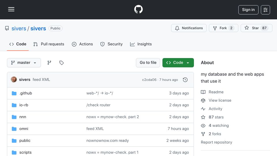 Screenshot of github.com: Derek Sivers's database and web apps
