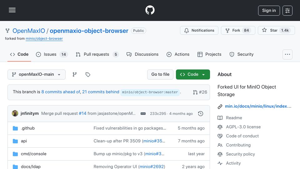 Screenshot of github.com: OpenMaxIO: Forked UI for MinIO Object Storage