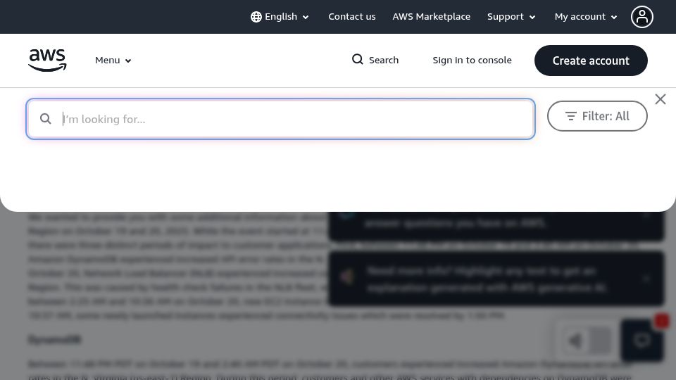 Screenshot of aws.amazon.com: Summary of the Amazon DynamoDB Service Disruption in US-East-1 Region