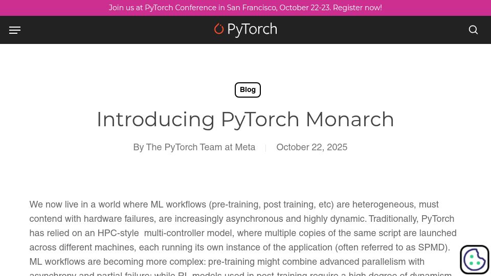 Screenshot of pytorch.org: PyTorch Monarch