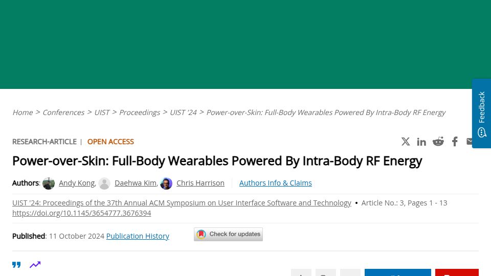 Screenshot of dl.acm.org: Power-over-Skin: Full-Body Wearables Powered by Intra-Body RF Energy (2024)