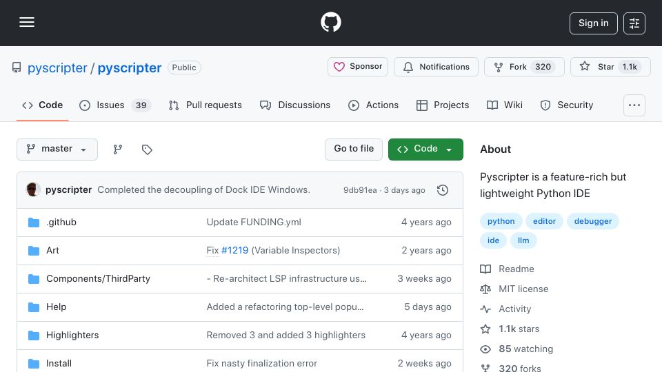 Screenshot of github.com: Pyscripter – Open-source Python IDE written in Delphi