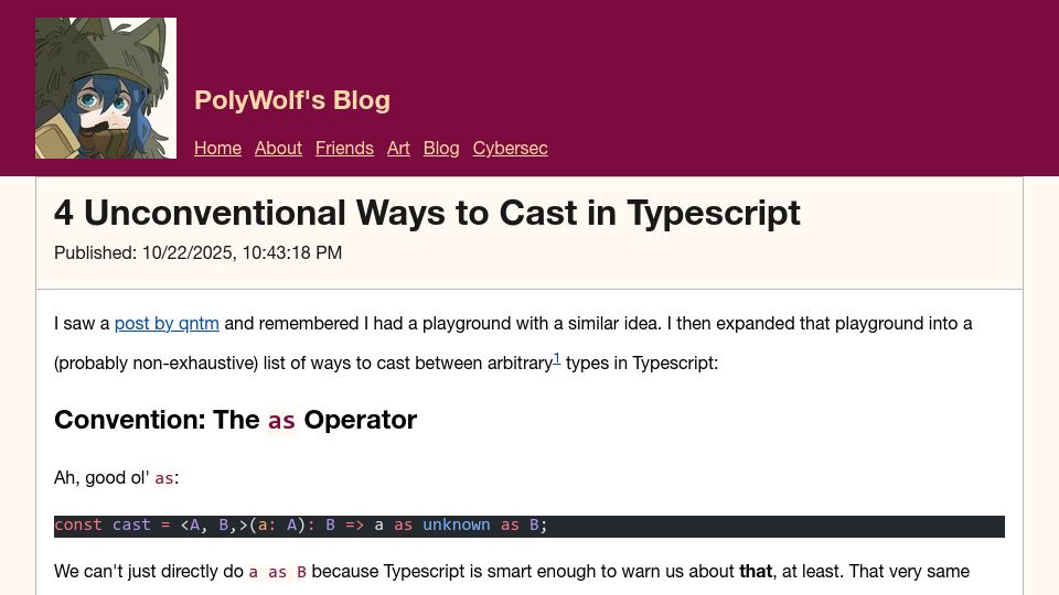 Screenshot of wolfgirl.dev: Unconventional Ways to Cast in TypeScript