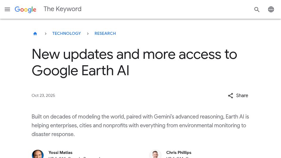 Screenshot of blog.google: New updates and more access to Google Earth AI