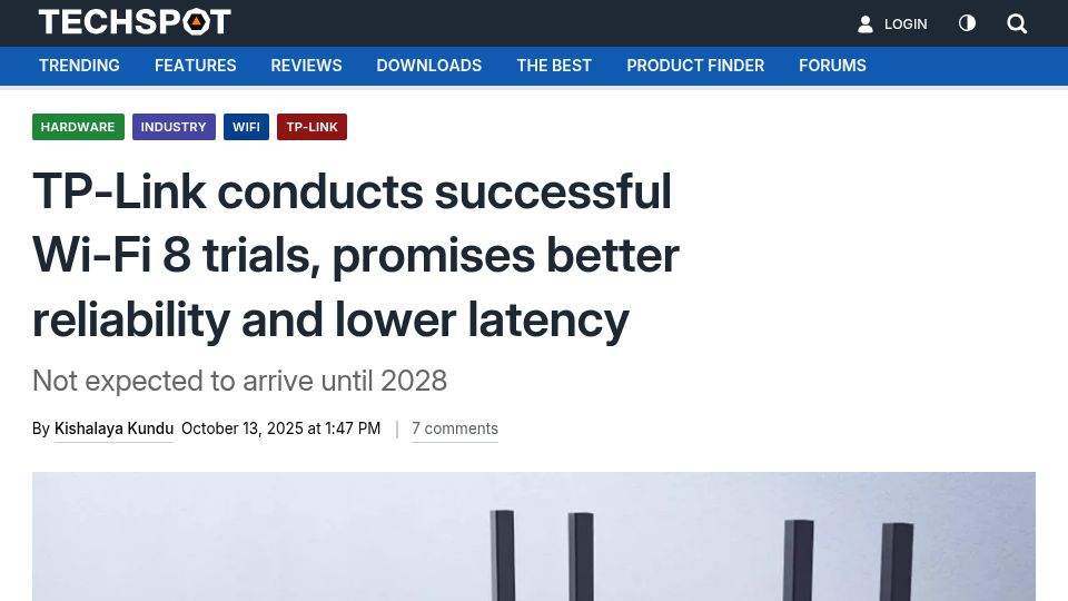 Screenshot of techspot.com: TP-Link conducts Wi-Fi 8 trials, promises better reliability and lower latency