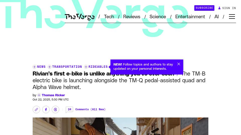 Screenshot of theverge.com: Rivian's TM-B electric bike