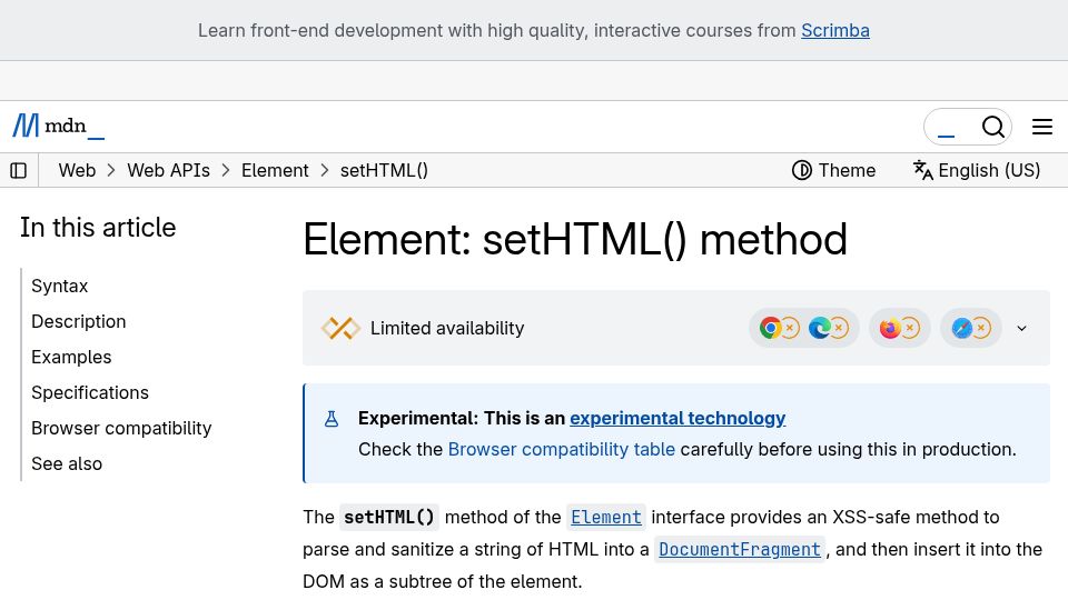 Screenshot of developer.mozilla.org: Element: setHTML() method