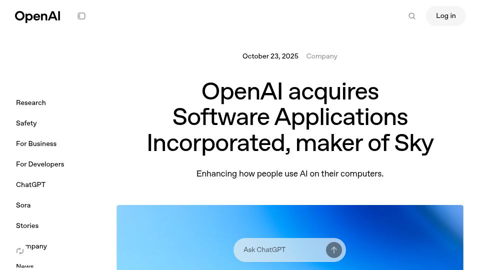 Screenshot of openai.com: OpenAI acquires Sky.app