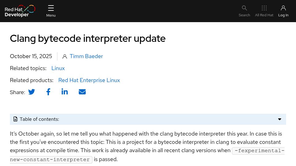 Screenshot of developers.redhat.com: Clang Bytecode Interpreter Update
