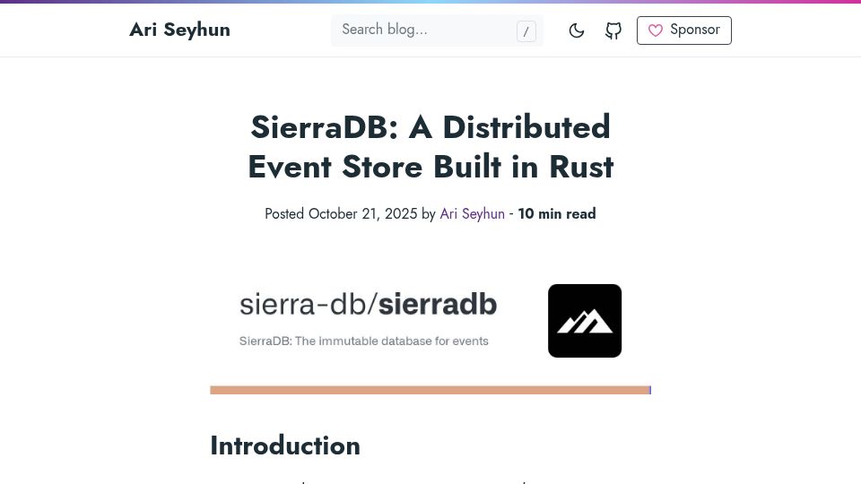 Screenshot of tqwewe.com: SierraDB: A distributed event store built in Rust