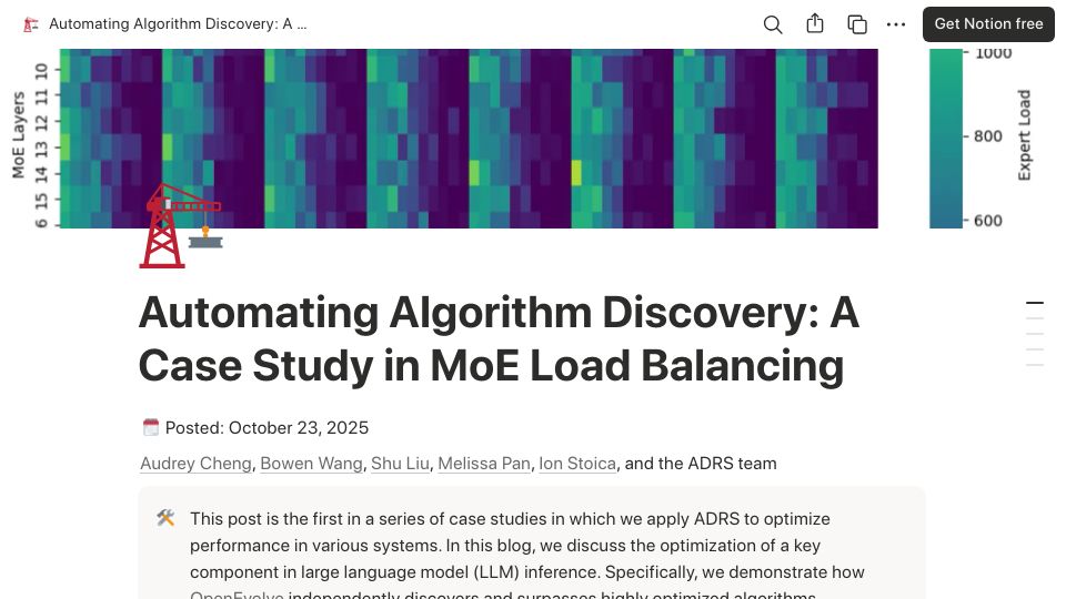 Screenshot of adrs-ucb.notion.site: Automating Algorithm Discovery: A Case Study in MoE Load Balancing