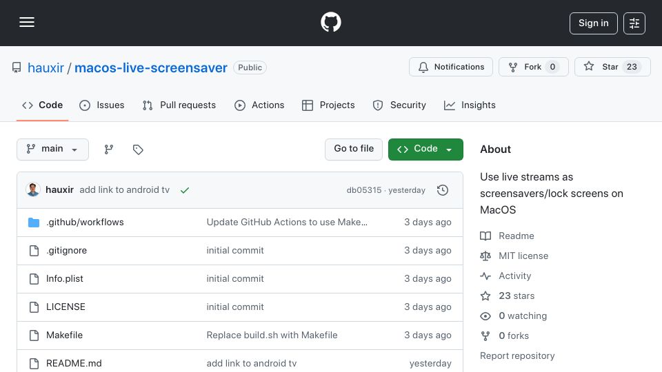 Screenshot of github.com: Show HN: MacOS Live Screensaver – A screensaver that plays live video streams