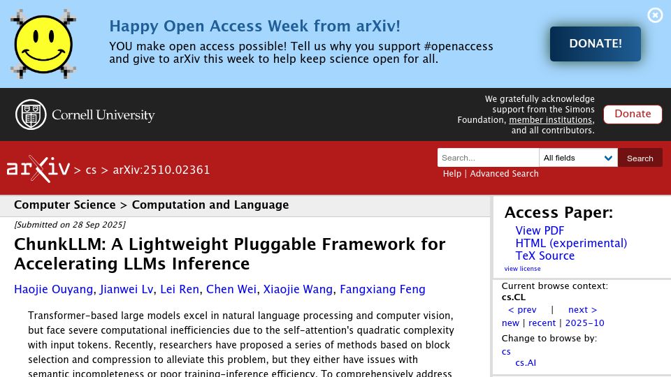 Screenshot of arxiv.org: ChunkLLM: A Lightweight Pluggable Framework for Accelerating LLMs Inference
