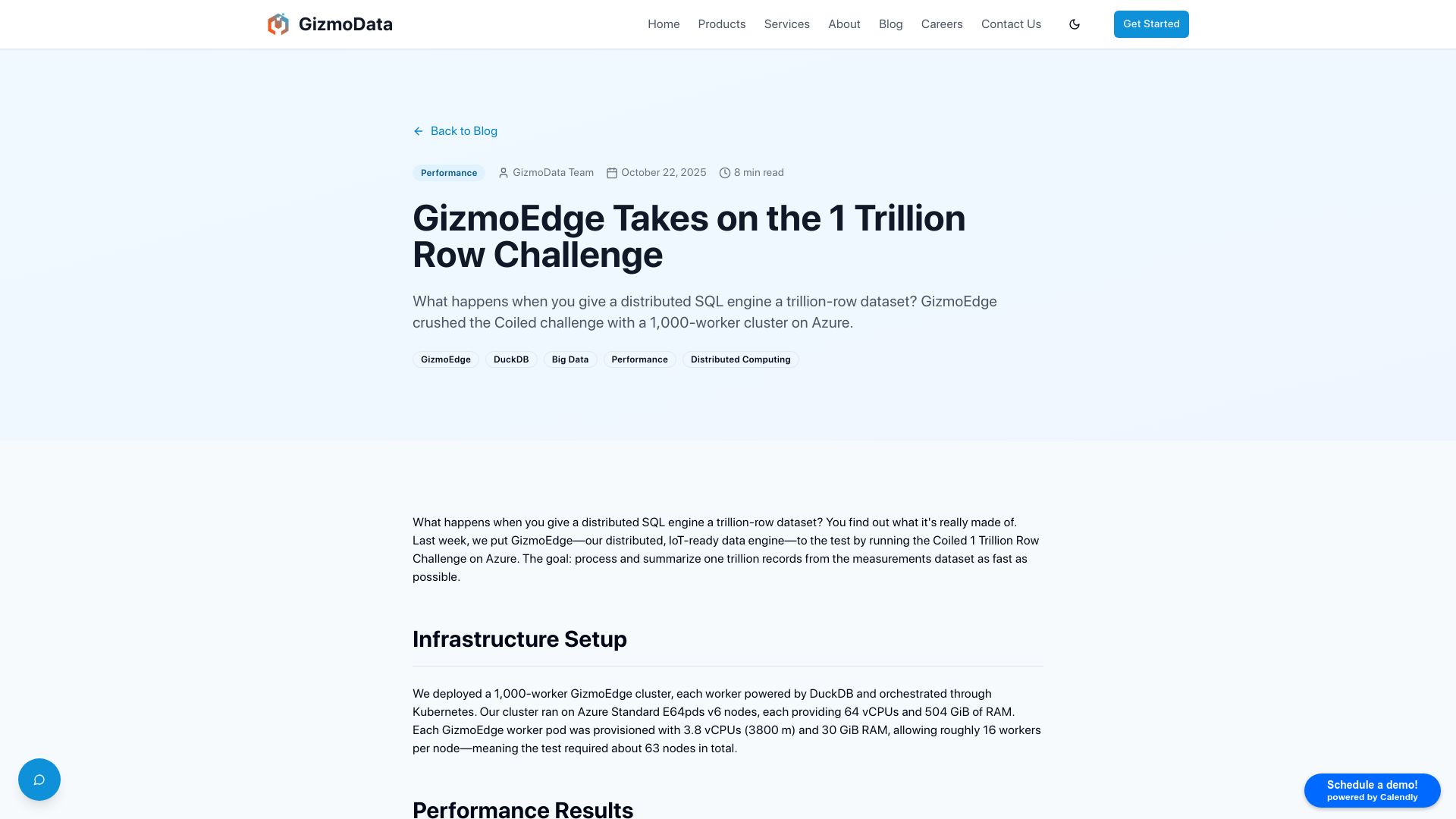 Screenshot of gizmodata.com: A sharded DuckDB on 63 nodes runs 1T row aggregation challenge in 5 sec