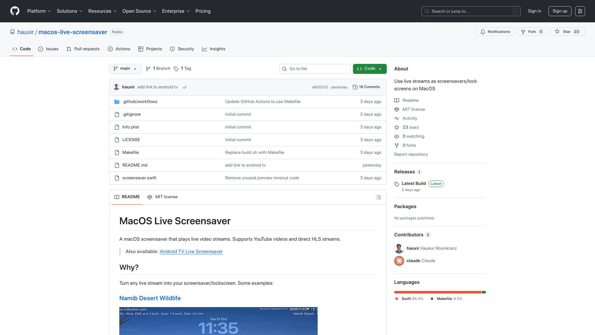 Screenshot of github.com: Show HN: MacOS Live Screensaver – A screensaver that plays live video streams