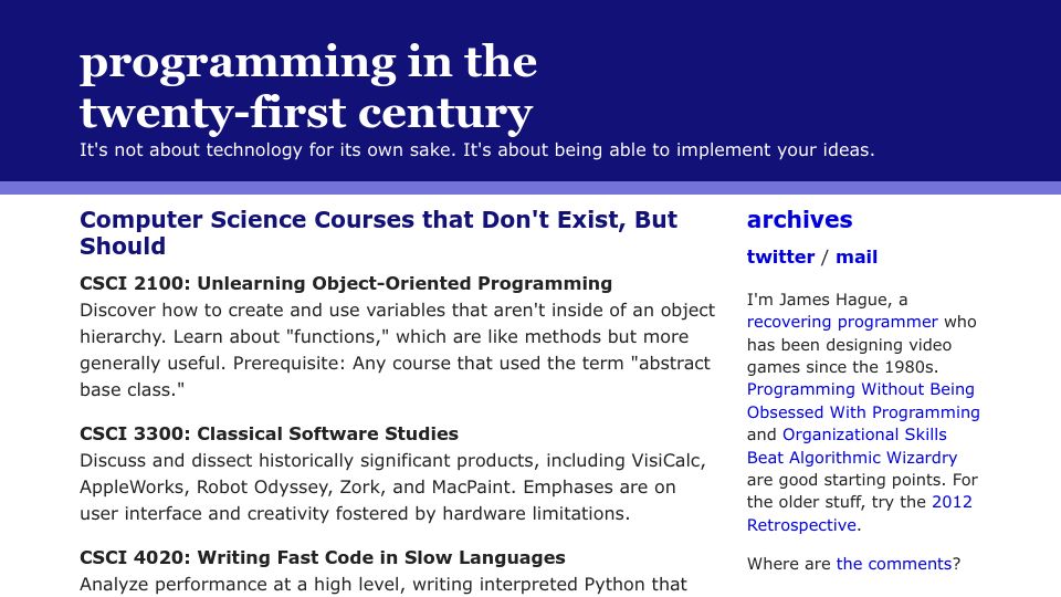 Screenshot of prog21.dadgum.com: Computer science courses that don't exist, but should (2015)