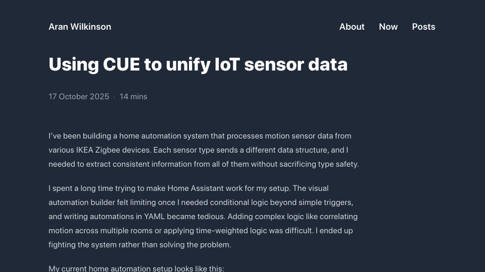 Screenshot of aran.dev: Using CUE to unify IoT sensor data