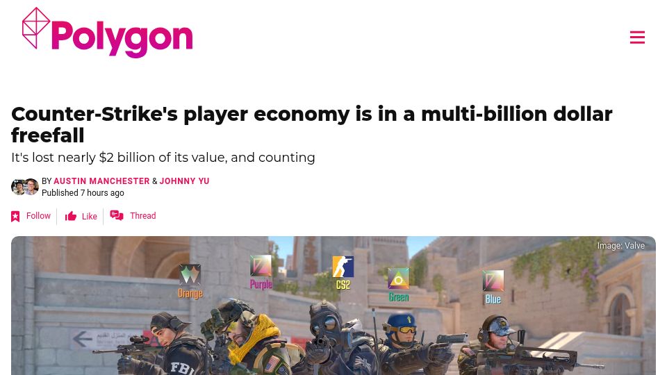 Screenshot of polygon.com: Counter-Strike's player economy is in a freefall