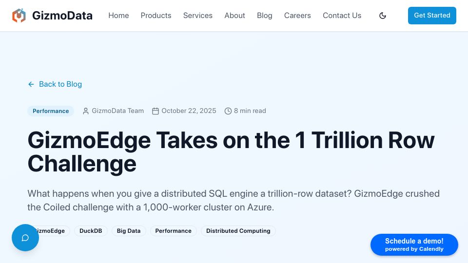 Screenshot of gizmodata.com: A sharded DuckDB on 63 nodes runs 1T row aggregation challenge in 5 sec