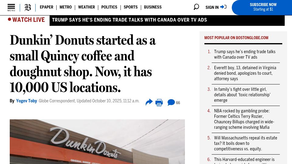 Screenshot of bostonglobe.com: Dunkin’ Donuts started as a small Quincy coffee and doughnut shop