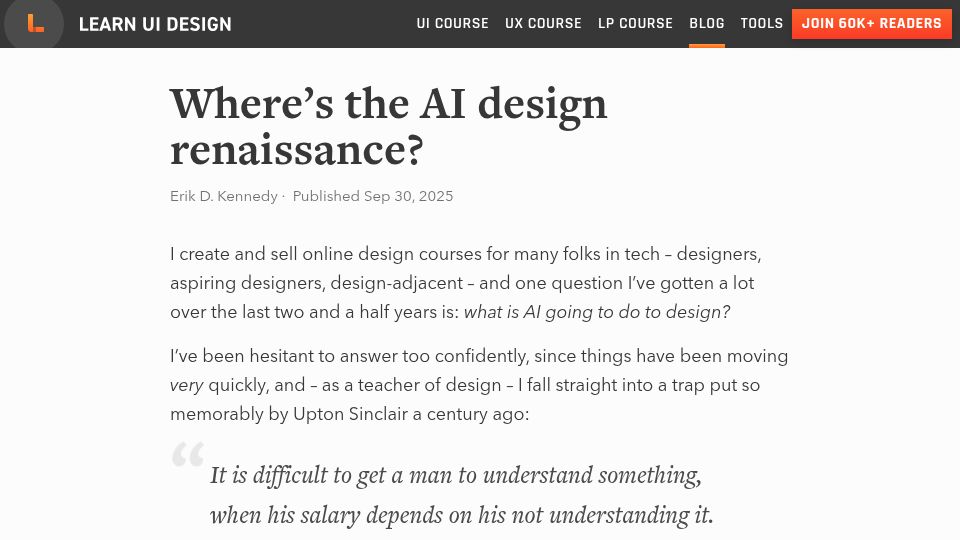 Screenshot of learnui.design: Where's the AI design Renaissance?