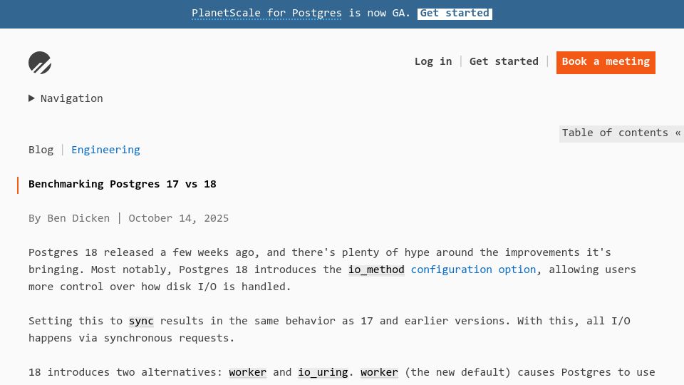Screenshot of planetscale.com: Benchmarking Postgres 17 vs. 18