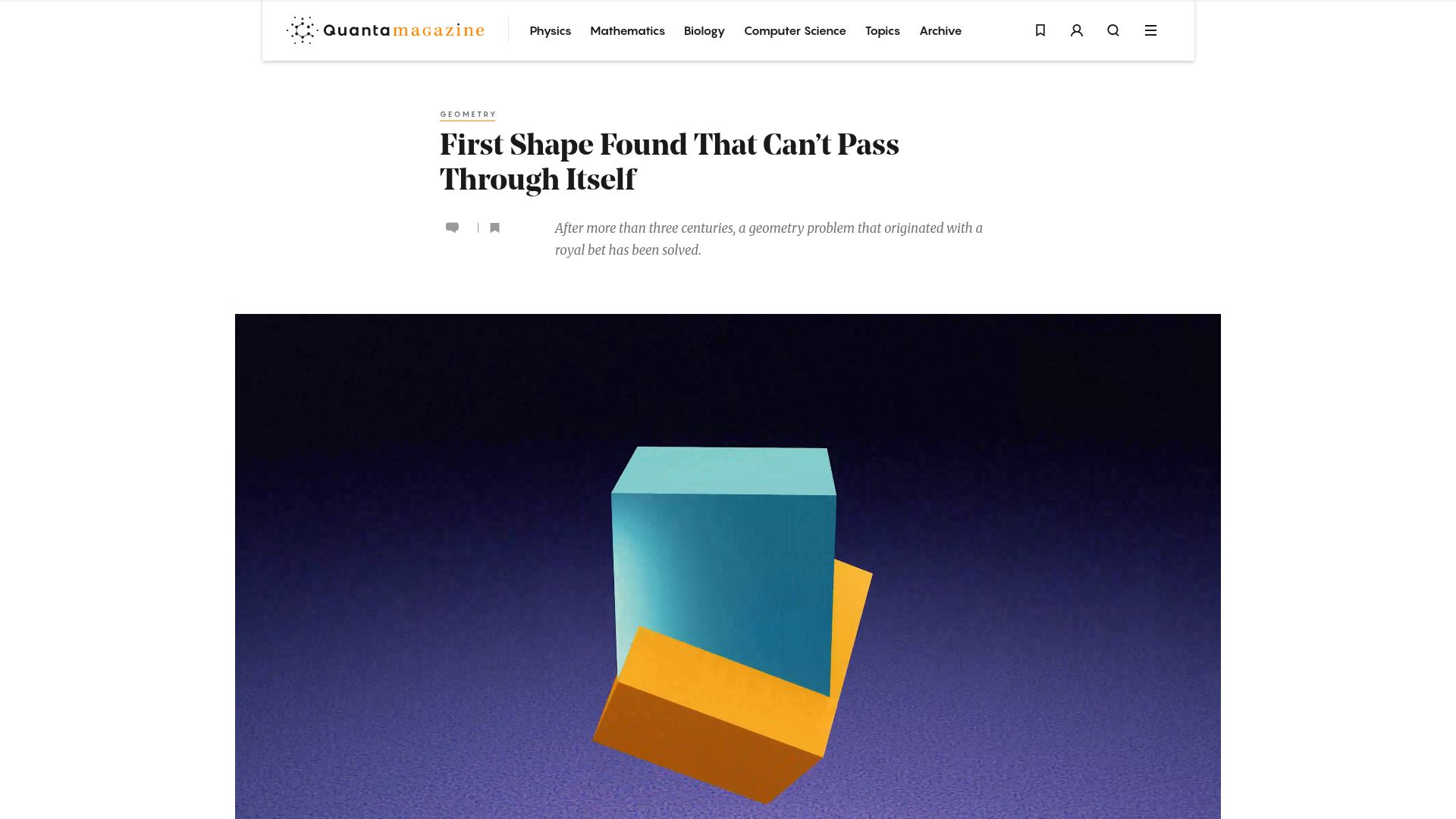 Screenshot of quantamagazine.org: First convex polyhedron found that can't pass through itself