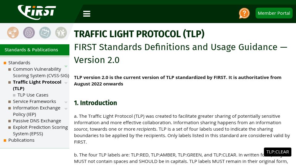 Screenshot of first.org: Traffic Light Protocol