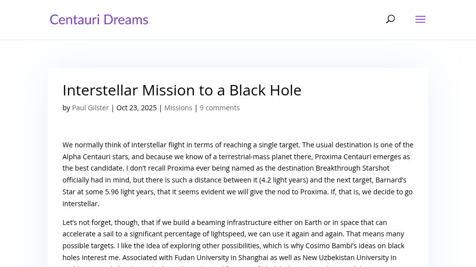 Screenshot of centauri-dreams.org: Interstellar Mission to a Black Hole