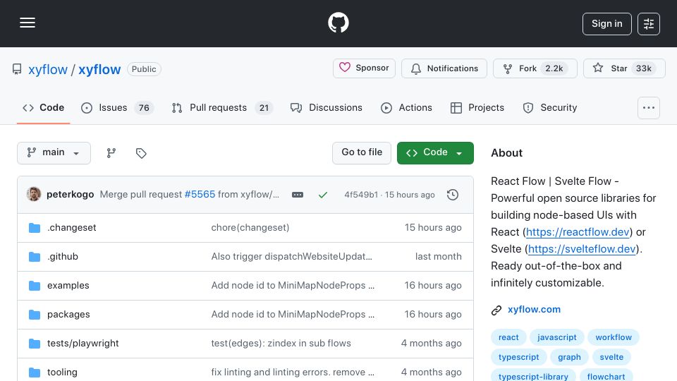Screenshot of github.com: React Flow, open source libraries for node-based UIs with React or Svelte
