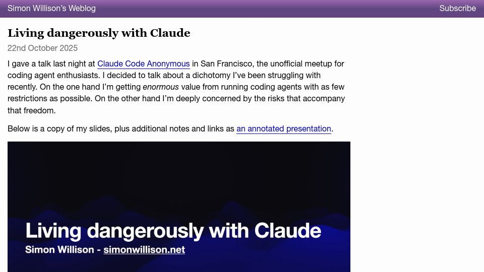Screenshot of simonwillison.net: Living Dangerously with Claude