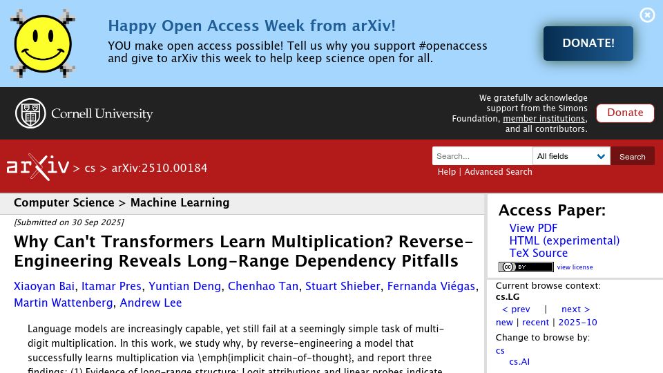 Screenshot of arxiv.org: Why can't transformers learn multiplication?