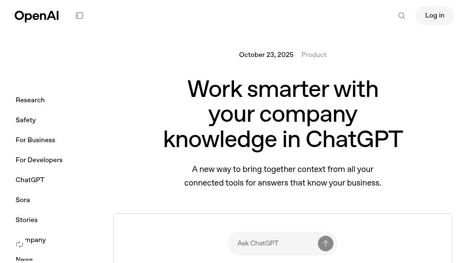 Screenshot of openai.com: ChatGPT Launches 'Company Knowledge'