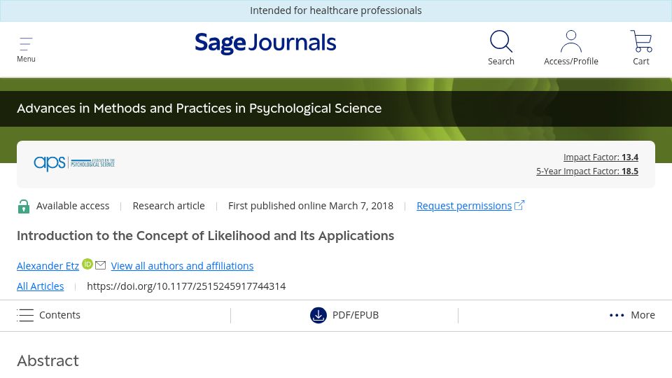 Screenshot of journals.sagepub.com: Introduction to the concept of likelihood and its applications (2018)