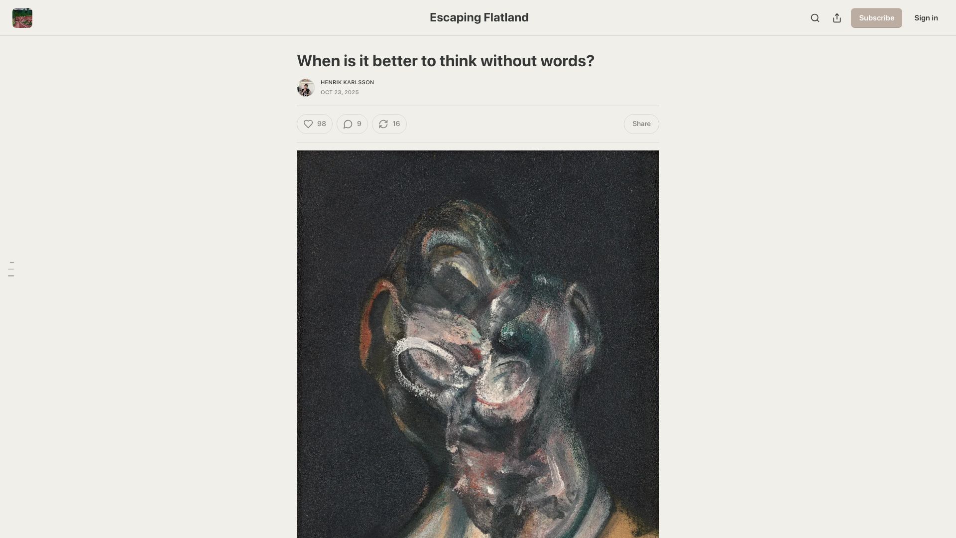 Screenshot of henrikkarlsson.xyz: When is it better to think without words?