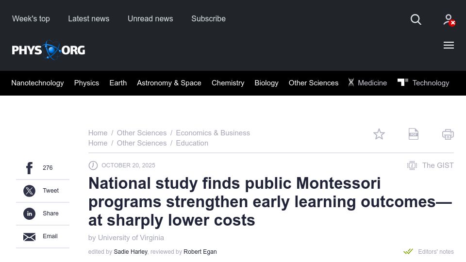 Screenshot of phys.org: Public Montessori programs strengthen learning outcomes at lower costs: study