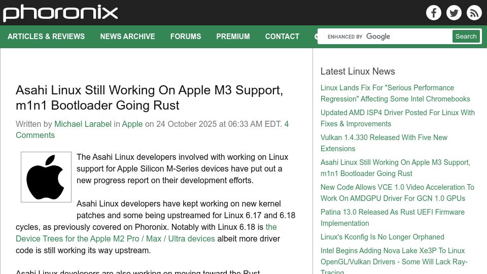 Screenshot of phoronix.com: Asahi Linux Still Working on Apple M3 Support, M1n1 Bootloader Going Rust