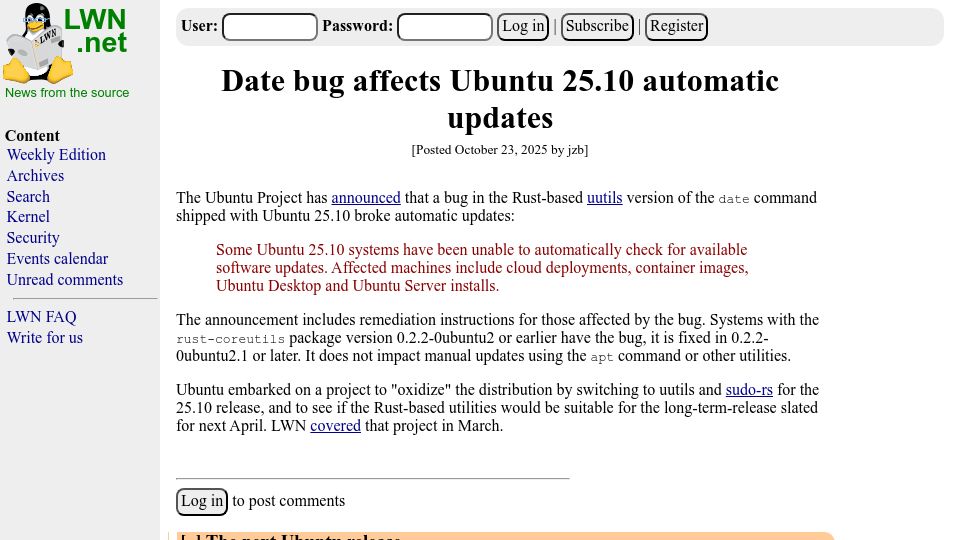Screenshot of lwn.net: Date bug in Rust-based coreutils affects Ubuntu 25.10 automatic updates
