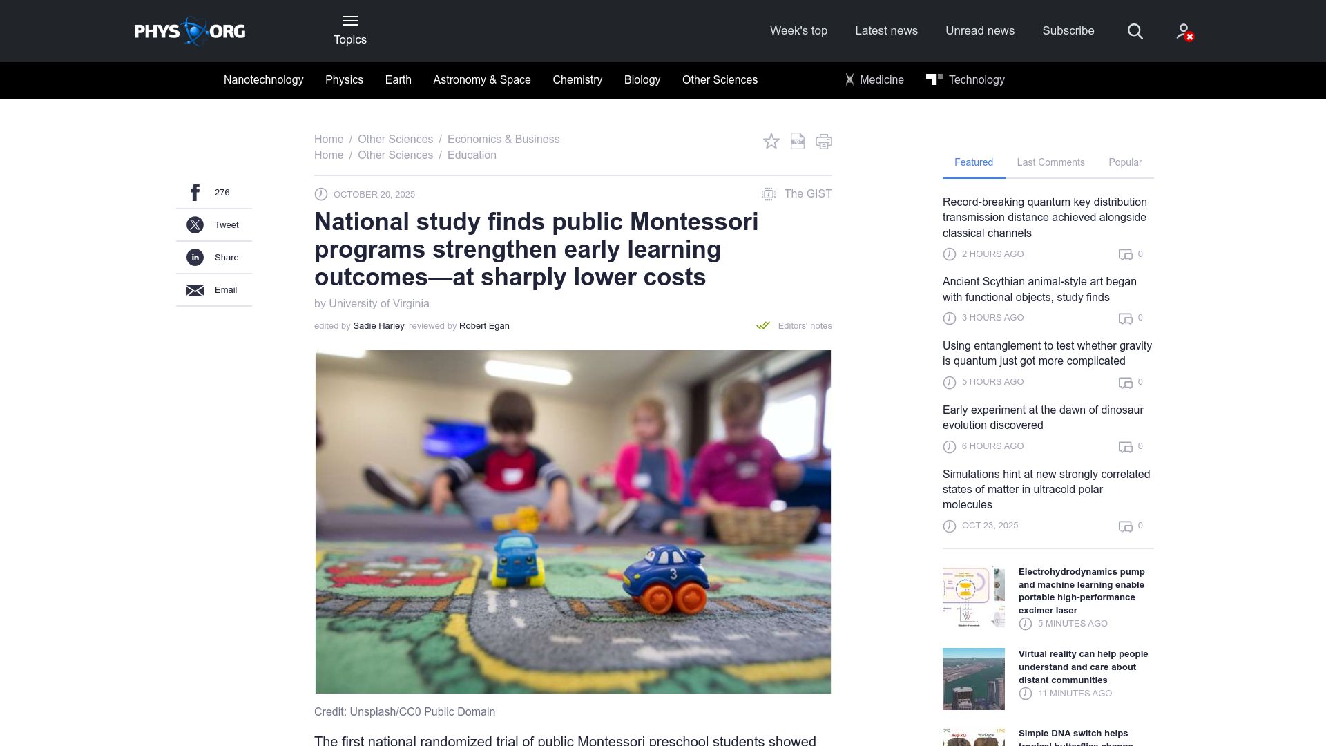Screenshot of phys.org: Public Montessori programs strengthen learning outcomes at lower costs: study
