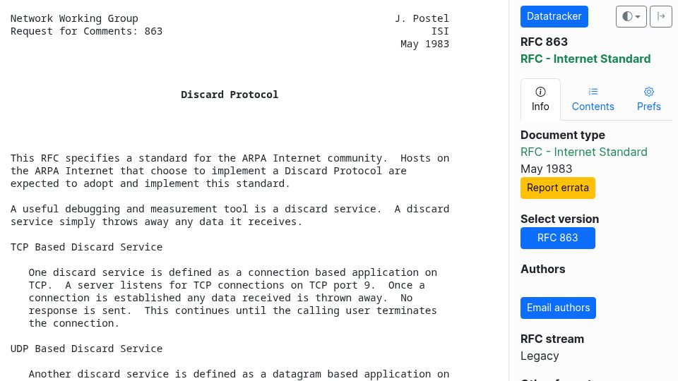 Screenshot of datatracker.ietf.org: RFC 863 – Discard Protocol (1983)