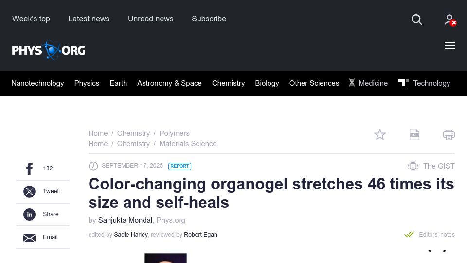 Screenshot of phys.org: Color-changing organogel stretches 46 times its size and self-heals