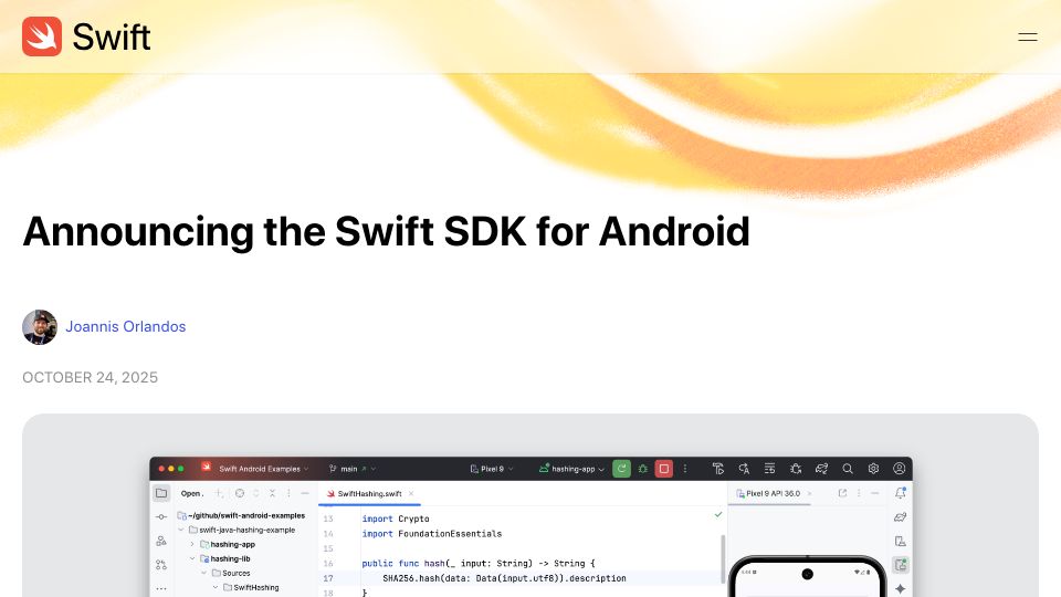 Screenshot of swift.org: The Swift SDK for Android
